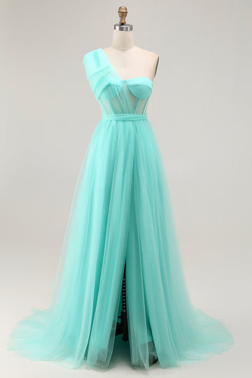 Mint Green A Line One Shoulder Corset Long Prom Dress With Slit